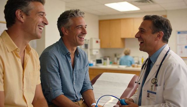 Friendly physician consulting two adult men in clinic while holding blood pressure bulb