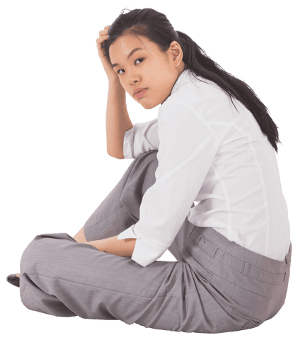 Transparent Businesswoman Sitting with Hand on Head Looking Thoughtful