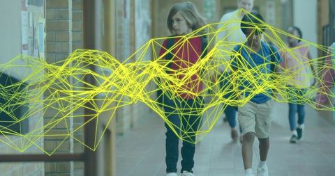 Elementary students walking down school corridor with neon network wireframe overlay