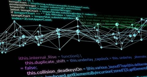 Illustration of digital connections overlaying data code on a dark background. Demonstrates themes of technology, networks, and global communication. Useful for technology presentations, cybersecurity reports, software development articles, and digital innovation campaigns.