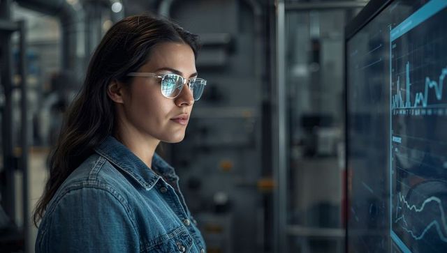 Female engineer analyzing real-time data on transparent touchscreen in high-tech lab
