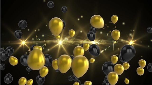 Dynamic scene of black and gold balloons floating amidst glowing yellow lights. Perfect for event promotions, festive invitations, and celebratory digital media.