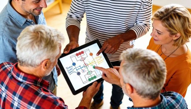 Multigenerational Team Collaborating on Soccer Tactics Using Tablet for Strategy Planning