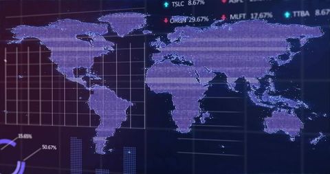 Violet world map displaying global data analytics and live financial tickers