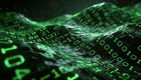 Glowing binary waveform riding wavy digital grid representing cyber data ocean