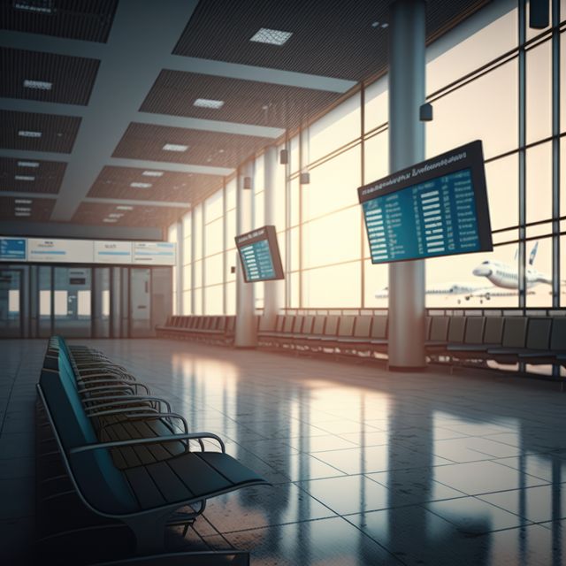 Airport with seats, screens and plane outside window created using generative ai technology. Airport, transport and travel concept digitally generated image.