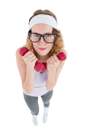 Geeky hipster enthusiastically exercising with dumbbells on transparent background
