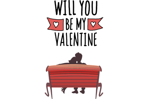 Illustration showing couple sitting on bench with love hearts and 'Will You Be My Valentine' text on transparent backdrop. Perfect for use in Valentine’s Day cards, social media posts, and romantic invitations.