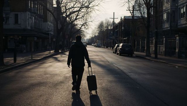 Backlit silhouette of man walking with wheeled suitcase down empty urban street at sunrise