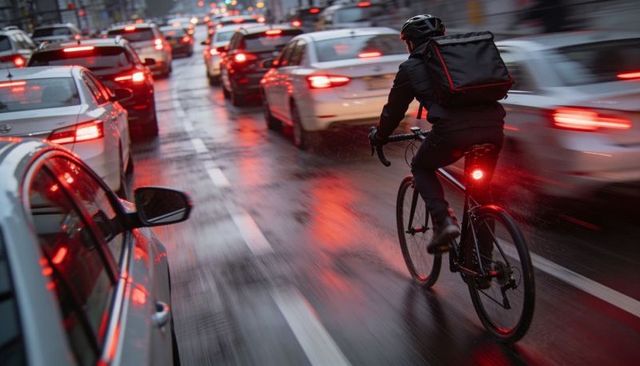 Urban bike courier navigating wet traffic at dusk with insulated delivery backpack and rear light