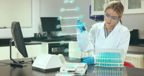 Scientist Conducting Research with Digital DNA Overlay in Lab