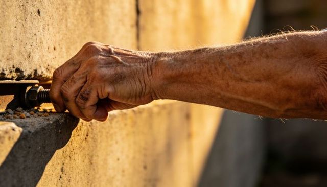 Weathered senior hand tightening bolt on concrete seam at golden hour, repair work