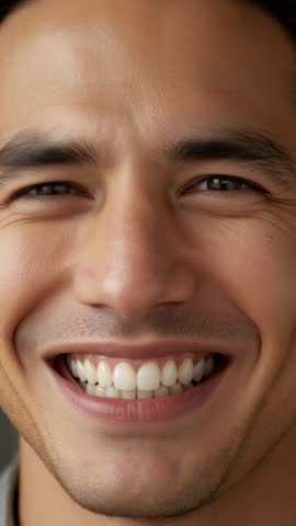 Vertical video of smiling man revealing full face against neutral grey studio backdrop
