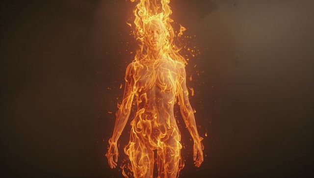 Fiery humanoid with flickering flames in dark void