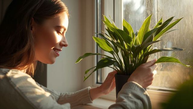 Sunlit woman tending houseplant by window, home greenery moment with warm morning light