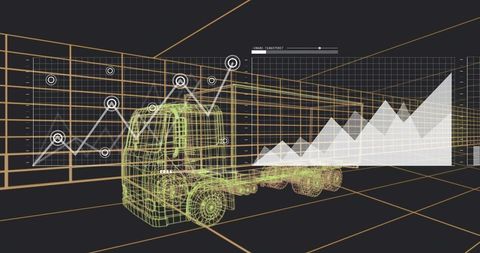 Rendering neon wireframe semi-truck showing data visualization overlay, hud charts, grid