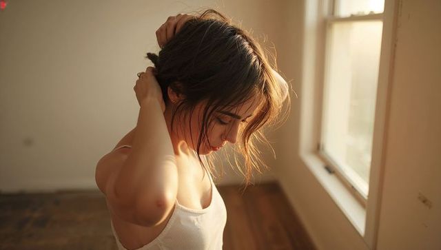 Young woman tying hair into messy bun in sunlit minimalist room with warm window light