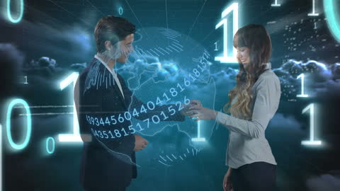Businesspeople Making Digital Deal with Binary Codes Background