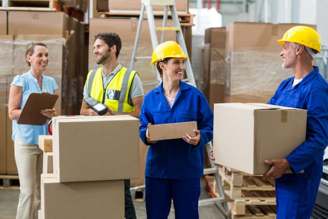 Warehouse workers are collaborating on logistics, discussing tasks, and handling boxes. Ideal for illustrating teamwork, industrial operations, and logistics management in a warehouse setting.