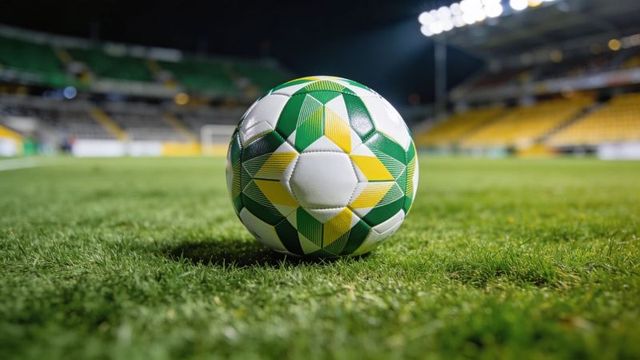 Green yellow patterned soccer ball resting on floodlit stadium pitch at night