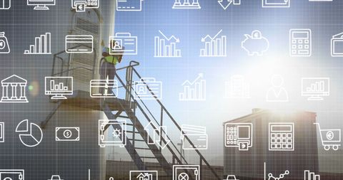 Technician at wind farm with futuristic digital interface