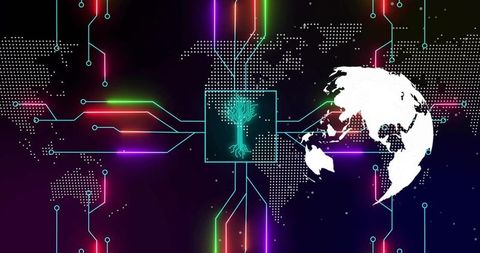 Neon AI processor connecting global network with glowing circuit tree and world map