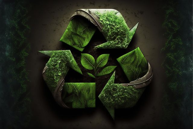 Recycling symbol with plants and leaves on brown background, created using generative ai technology. Recycling and ecology concept digitally generated image.