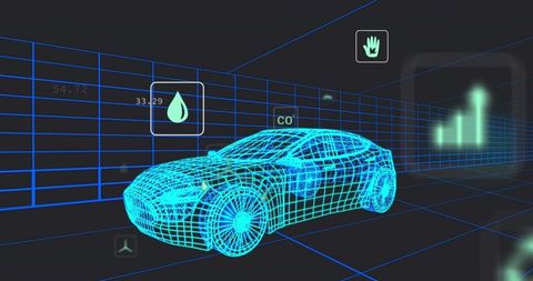 Futuristic 3D Wireframe Car Model with Digital Metrics Display