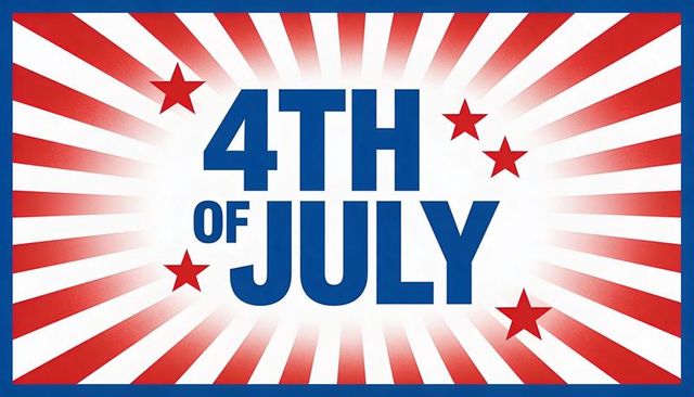 4th of july sunburst banner featuring bold blue typography red stars radiant glow