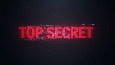 Glowing red top secret text displaying glitch distortion on dark digital backdrop