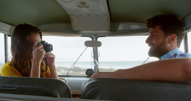 Couple Enjoying Road Trip in Vintage Van by Beach - Download Free Stock Images Pikwizard.com