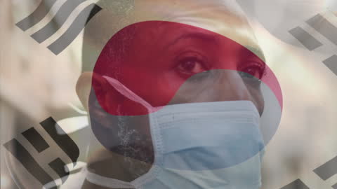 Masked Man Gazing with South Korea Flag Overlay in Pandemic Context