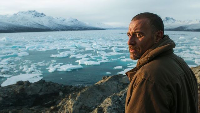 Midlife man gazing at glacial lagoon sunrise on arctic rocky coast, solitary traveler