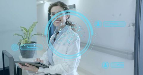 Female doctor holding tablet analyzing holographic 3D brain overlay in futuristic clinic