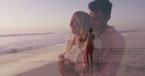 Romantic Couple Embracing on Tranquil Sunset Beach