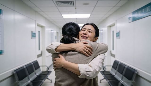 Tearful reunion hugging two asian women in hospital corridor showing emotional support