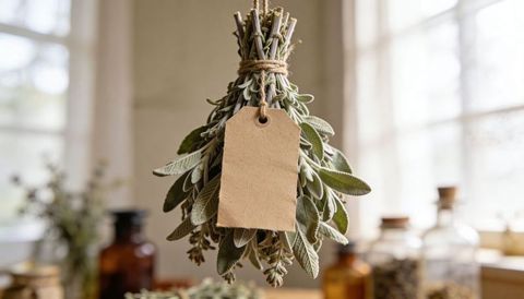 Rustic hanging dried sage bundle with kraft tag and amber apothecary jars, sunlit kitchen