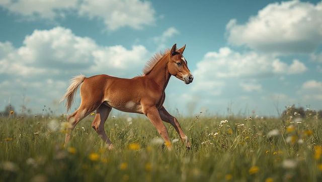 Chestnut foal trotting through scenic wildflower meadow