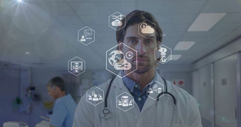 Doctor in Hospital Corridor with Floating Medical Icons