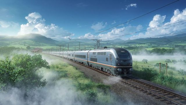 Silver electric train traveling through misty green valley with catenary poles at dawn