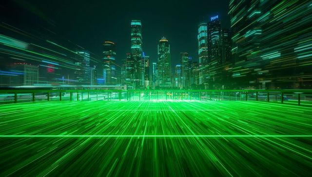 Futuristic Cityscape with Neon Green Light Trails