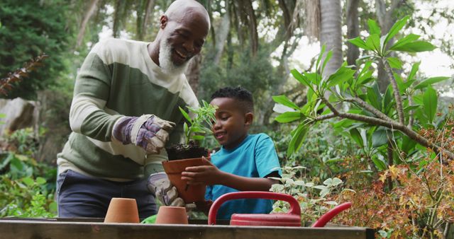 Senior man teaching boy how to plant in garden, focusing on intergenerational bonding and outdoor activity. Ideal for content on family activities, gardening tips, sustainability, and education. Useful for articles on family dynamics, hobbies for seniors, and connecting with nature.