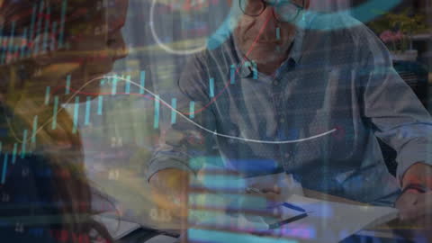 Business Colleagues Analyzing Financial Data with Global Technology Overlay