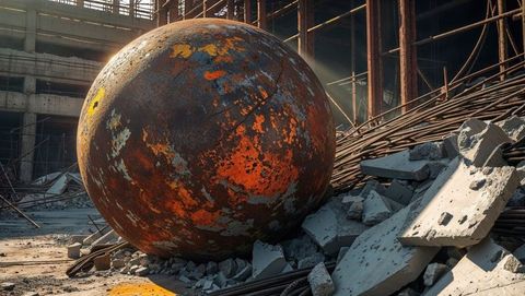 Rusted wrecking ball in abandoned industrial ruins