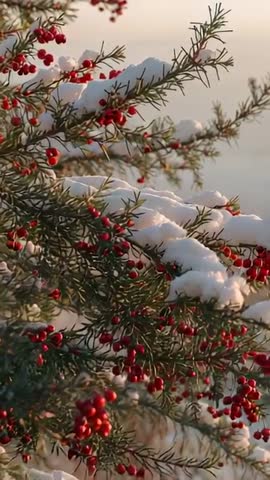 Vertical Video Revealing Snow-Dusted Red Berries on Evergreen Branches at Golden Hour