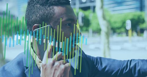 Businessman using smartphone with futuristic tech overlay