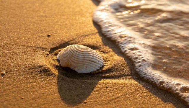 Golden sunrise seashell on wet sand with foamy surf close-up for summer calm and coastal relaxation