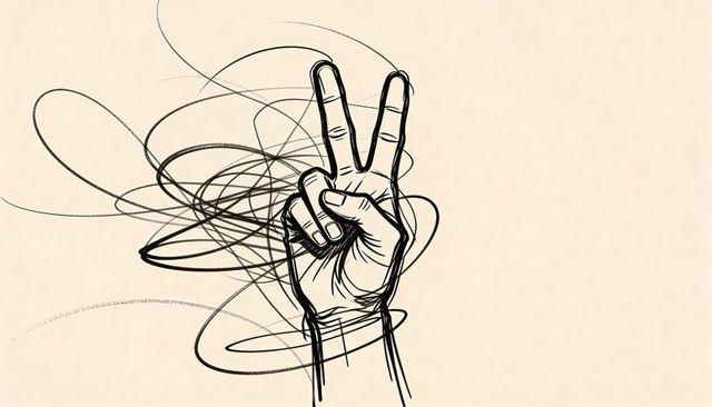 Ink sketch hand showing peace sign with dynamic scribble lines on beige