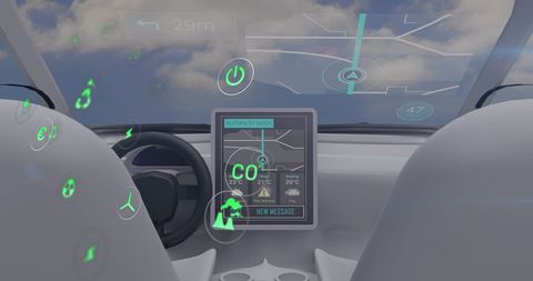 Futuristic Car Dashboard Displaying Data and Ecology Icons