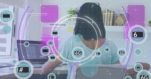 Futuristic Technology Overlay with Professional at Desk